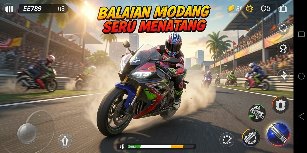 Screenshot gameplay EE789 menampilkan aksi balapan motor yang mendebarkan.