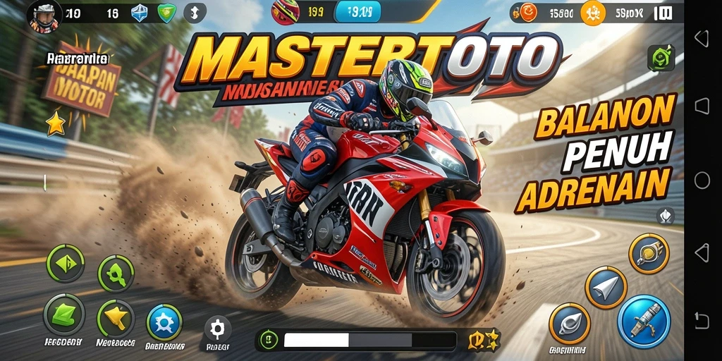 Screenshot MASTERTOTO menampilkan aksi balapan motor di trek berliku.